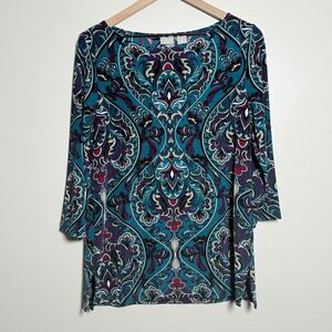 Chico's Travelers Womens Stretch Knit Top 0 4/6‎ Blue Floral Liquid Knit Office